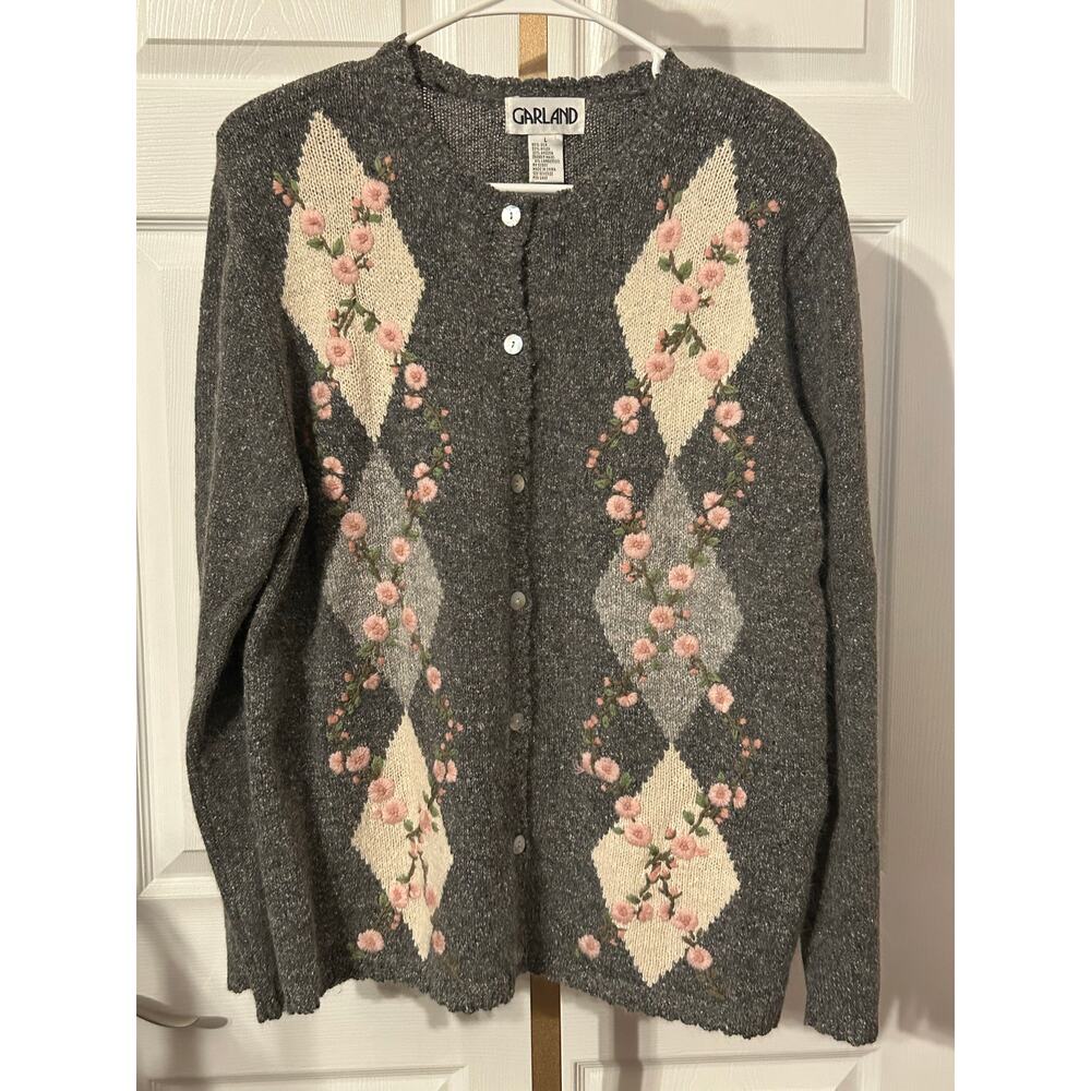 Vintage Garland Silk/Angora/Wool Floral Argyle Cardigan, Size Large